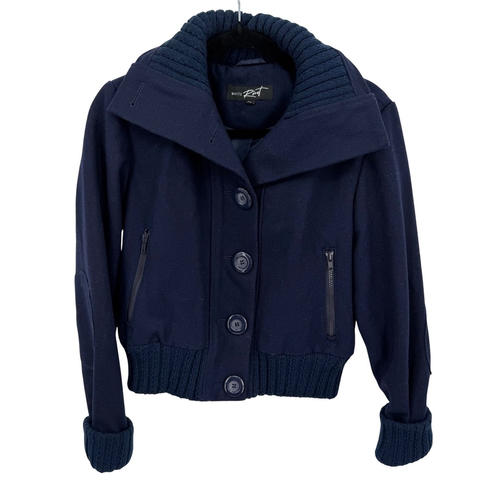 White‎ Rivet Women's PL Jacket Navy Wool Blend Bomber W Knit Collar Cuffs